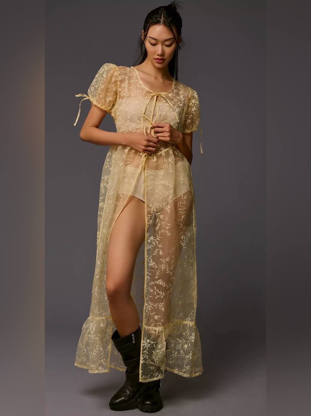 Anthropologie Sheer Floral Lace Maxi Robe in Canary Yellow-Sz XS